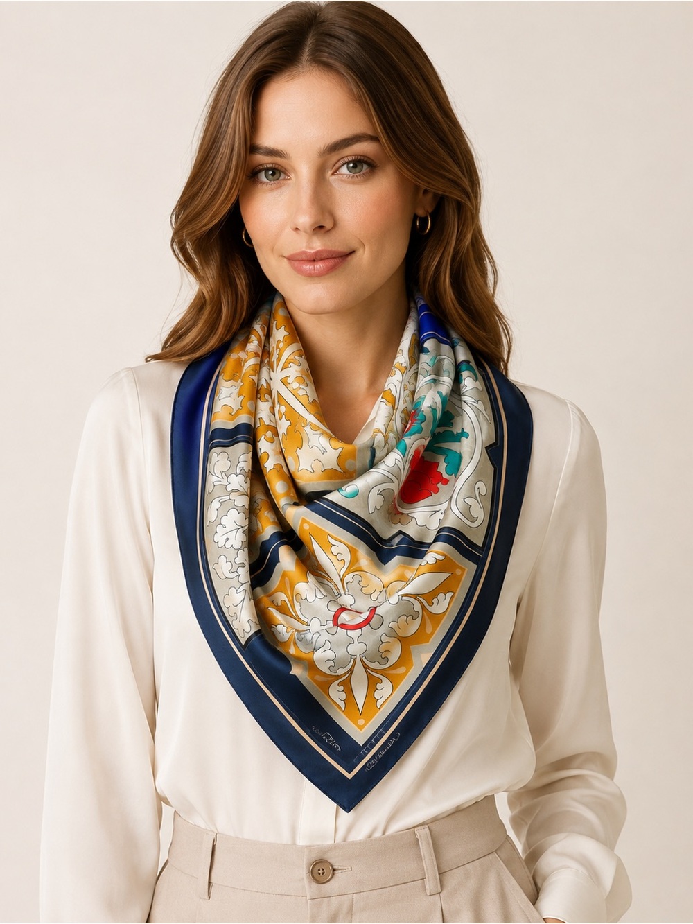 Dior Navy, Gold & Multicolor Printed Silk Square Scarf